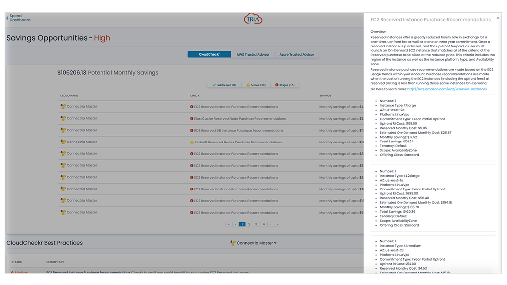 TRiA multi-cloud management software AWS and Azure cost saving recommendations