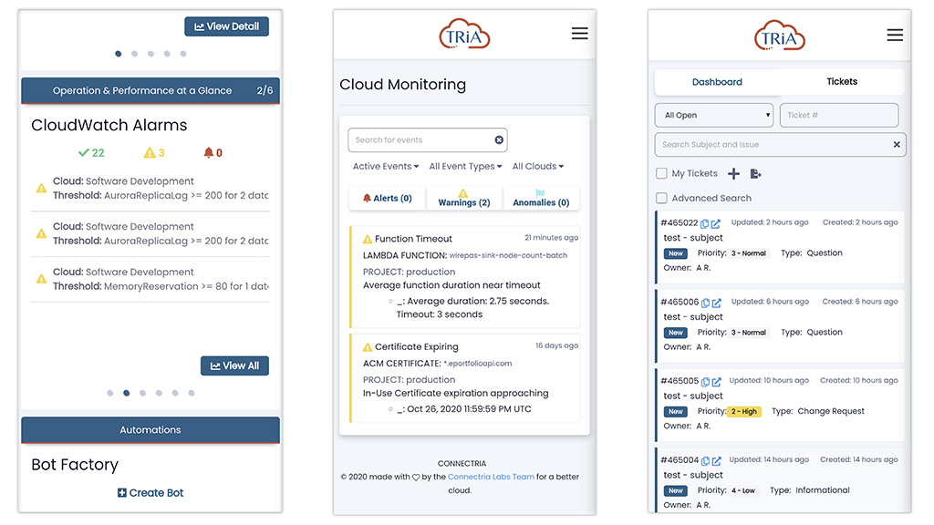 TRiA multi-cloud management software mobile UI for alerts, ticketing, and cloud monitoring
